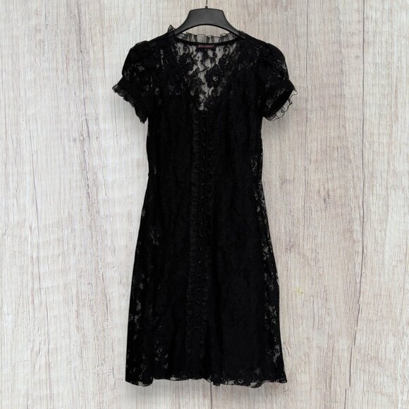 Vintage Y2K Betsey Johnson Black Lace Overlay Dress Slip Puff Sleeve Ruffle Trim - Picture 2 of 11
